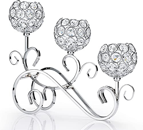 OwnMy 3 Arms Crystal Bowl Tealight Holder Candelabra Candle Holders, Crystal Votive Candle Stand Ornament Tea Light Candlestick Candle Centerpieces for Dining Table Home Decoration Wedding (Silver)