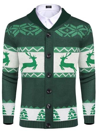 COOFANDY Men's Cardigan Christmas Sweater Knitted Sweater Reindeer Norwegian Ugly Sweater with Shawl Collar Green M