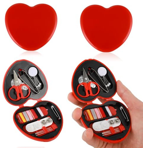 Cobee 2-teiliges Mini-Nähset für Reiseutensilien, herzförmige Nähaufbewahrungsbox mit Nadeln, Knöpfen, Drahtstiften und Fadenschere (rot), DIY-Notfall-Näh-Reparaturzubehör
