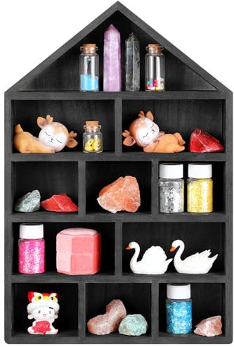 Threehoney House Shaped Wooden Shadow Cubby Box 10 W x 2 1/4 D x 15 H Hanging Display Shelf Organizer Wall Mounted Curio Cabinet Wooden Display Case Miniature Shelf for Figures(Black)
