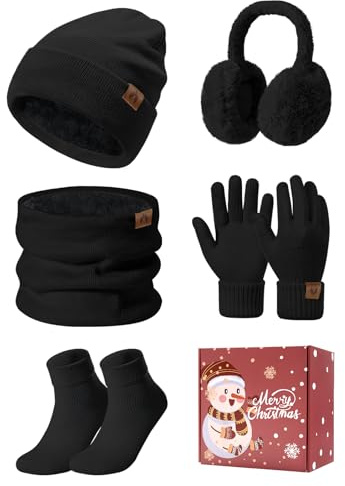 PASUDA Invierno Gorro Bufanda y Guantes Set 5 Piezas para Mujer Térmicos Gorro de Punto Calentador de Cuello Guantes de Pantalla Táctil Orejeros de Felpa Calcetines Regalos Conjunto