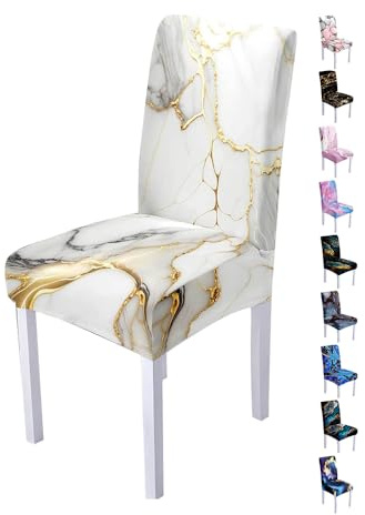 Hixingo Fundas Sillas de Comedor 1 2 4 6 Pack,Impresión en mármol Elásticas Fundas para Sillas,Lavables Funda Sillas Comedor,Fundas Sillas Ajustables para Decoracion,Partido (4 Pack,Oro Blanco)