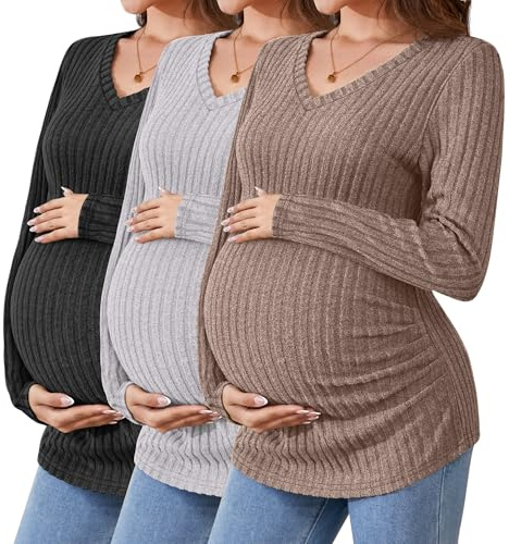 Ficerd Camisetas de Maternidad 3 Piezas, Ropa de Embarazo de Manga Larga, Cuello en V, suéter Acanalado para mamá(Marrón, Gris Claro, Negro,S)