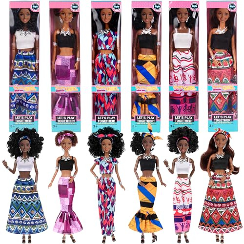 dollbie 6 Pack 11,5 Zoll afroamerikanisches schwarzes Spielzeug Puppe Spielset mit Mode Outfits Design und Zubehör wie Cronw Halskette Kopfsalf (Geschenkbox-Paket)