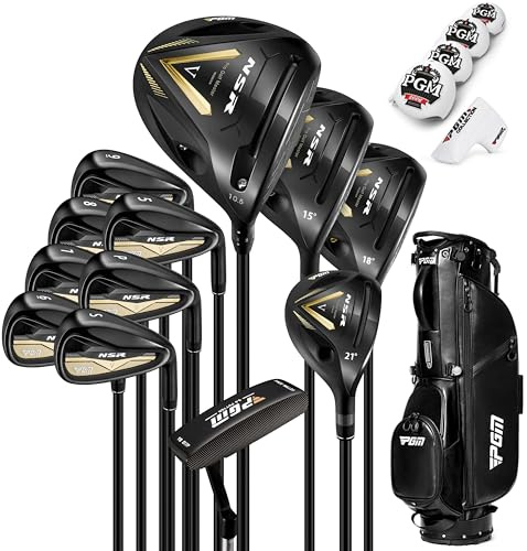PGM NSR V 18 Piece Men's Complete Golf Club Sets - Adjustable Loft Titanium Driver (0.86 COR), Precision Weighted Fairway Woods, Forged Irons, CNC Milled Putter, with Stand Bag - Right Handed