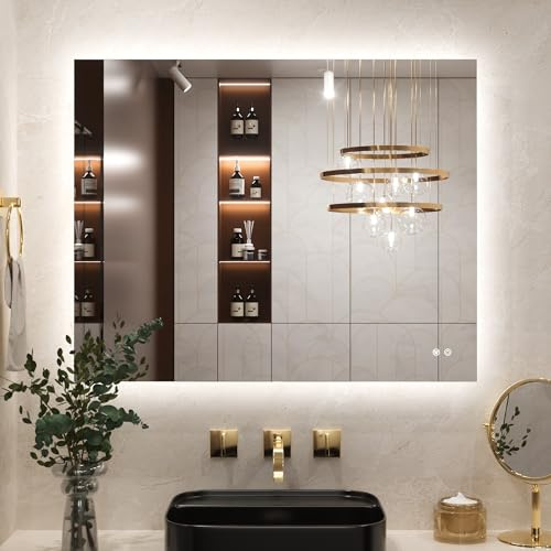 Keonjinn 100x80cm Miroir LED Salle de Bain avec Eclairage, Miroir Carré Rétroéclairé Antibuée, 3 Couleurs Lumière, Gradable, Mémoire, Verre Trempé IP44 Étanche, Horizontal/Vertical