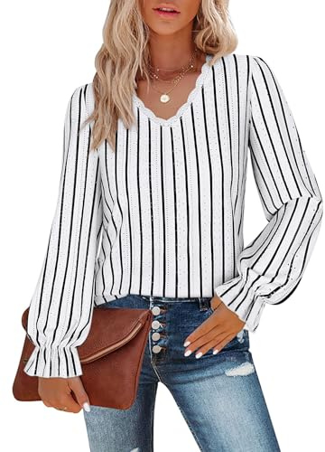 Flikity Striped Tops for Women UK, Ladies Lace V Neck Tops Long Sleeve Top Womens Work Blouses Shirts Tunics for Leggings Spring Autumn Winter Clothes L