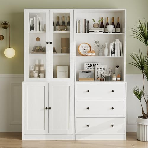 VOWNER Estantería con Puertas, 180 cm Vitrina de Cristal, Librería de 6 Niveles con Puertas y Armario, Vitrina Salón, Aparador Comedor, Aparador Cocina, Estantería Oficina, A+B(Blanco)
