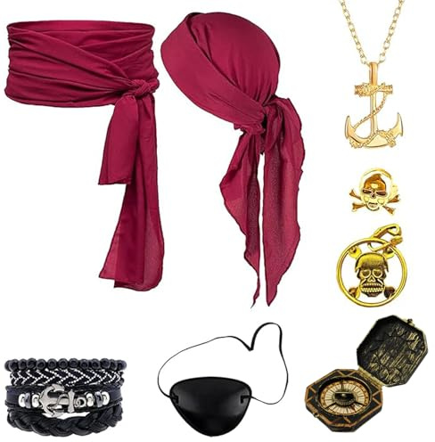 Mailfull 8-Delat Pirattillbehörsset med Huvudduk, Höftduk, Ogonmask, Halsband, Orhängen, Ring, Armband, Kompass, Piratkostym för Kvinnor och Män för Halloween, Karneval, Piratfest