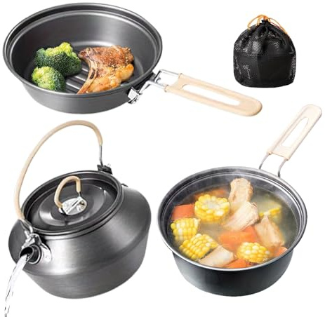 Frfik Camping Cooking Set,Camping Pots and Pans Tea Kettle Set - Portable Cookware Outdoor Gear for Survival Backpacking Hunting Fishing Family Picnic Family Party BBQ Travel