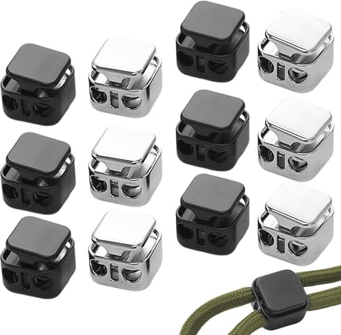 DCYQAIN 12 Pack Metal Cord Locks, Double Hole Press Drawstring Stoppers, 6 Black 6 Silver Cord Adjuster Clips for Backpacks Shoelaces Lanyards Paracord