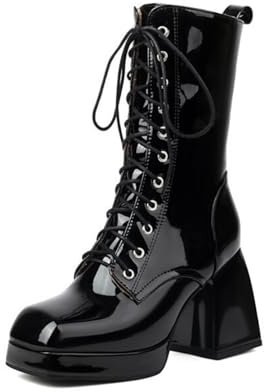 Genérico Mujer Punta Cuadrada Charol Botas Cortas Cordones Plataforma Estilo Punk Tacón Grueso Alto Botas De Tobillo,Negro,38 EU