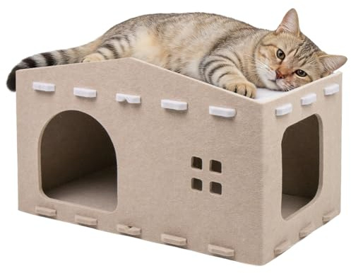 Niche Intérieur Maison pour Chat Intérieur en Feutre, Cabane Chats Rectangulaire, Grotte Chat pour Que Les Chats puissent Dormir, S'ébattre et se Gratter, 2 Étages Grand Espace, Pliable (Kaki)