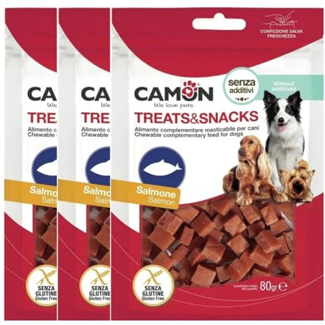 OFFERTA KIT Treats&Snacks Dadini al Salmone per Cani Adulti, Snack 240g Totali (Set da 3 Confezioni), Senza Glutine e Senza Additivi, Ricompensa Naturale per Addestramento, Formato Convenienza.