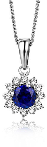 MIORE Collana Classica Miore in Oro Bianco con Zaffiro Blu Centrale di colore Brillante e Diamanti Naturali, Vero Oro 9KT 375, Catenina con Pendente - La Catenina è lunga Cm. 45.