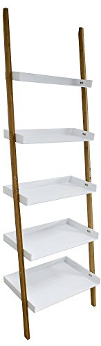 MSV Etagère Meuble de Rangement Style échelle 5 Niveaux en Bambou & MDF Blanc
