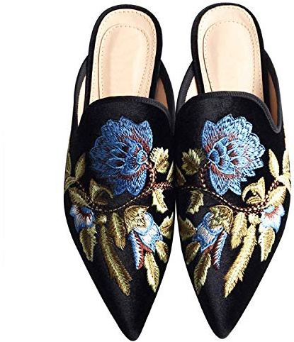 Fericzot Women's Velvet Backless Pointed Toe Slip On Loafers Flats Embroidery Mule Slippers Shoes Black Flowers 11