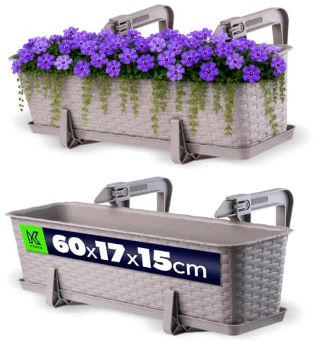 KADAX Blomlåda 60 cm karamell med hållare och underlägg, rottinglook – planteringskruka för balkong, väderbeständig balkonglåda