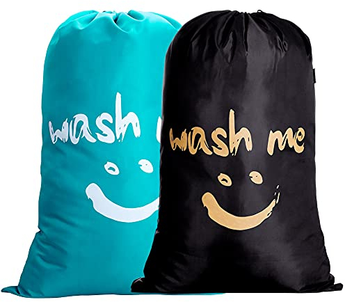 IHOMGIC 2 Pcs 120L Reise Wäschesack für Haushalt, 420D Nylon Wäschesammler mit Smiley-Gesicht, Groß Wäschebeutel Schmutzwäsche mit Kordelzug, Faltbarer Wäschetasche für Wohnungen, WG, Blau + Schwarz