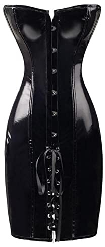 Wdhybwcx Gothic Womens Sexy Wetlook PVC Faux Leather Corset Dress Long Black Red Shape Body Slim Bustiers Overbust Corsets Latex Catsuits-Black,M