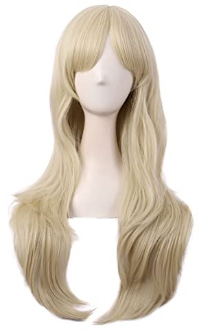 MapofBeauty 28 Pulgada/70 cm Monochrome Side Flequillo Natural Rizo Largo Rizo de Cosplay Pelucas (Dorado)