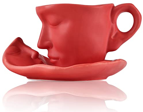 oliruim Kaffeebecher-Set, kreative abstrakte Kunst, küssende Kaffeetasse, mit Scheibe und Löffel, leichtes Luxus-Familienbüro-Geschirr-Dekoration (rot)