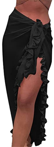Cache-Maillots et Sarongs Femme Paréo Plage Wrap Jupe Maillot de Bain Transparente Sexy Bikini Cover Up Eté Jupe Longue Fendue à Volants Beachwear (Noir, One Size)