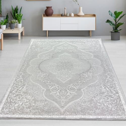 CARPETIA Schlafzimmer Orientteppich mit Verzierungen • Hoch-Tief-Effekt • glänzend Silber grau-beige, 160 x 230 cm