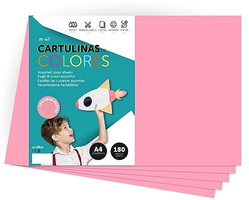 Cartone colorato, formato A4, colori pastello, fogli colorati da 180 g, per artigianato, stampa documenti e disegni creativi, fogli di colori pastello A4 · m-office (x250, rosa)
