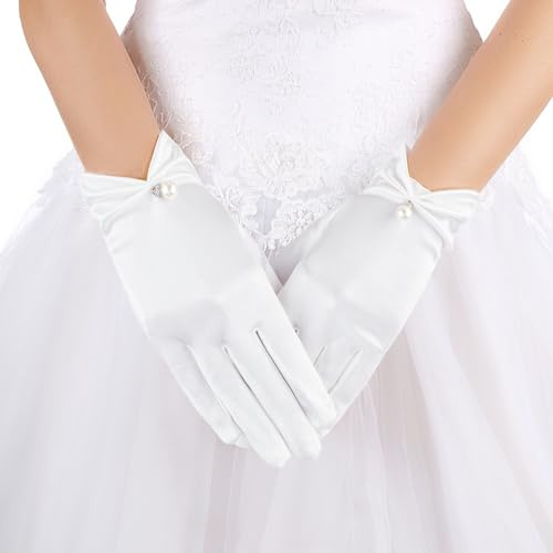 TIESOME Guanti di Raso Bianchi Eleganti con Pizzo da Polso Corti Floreali per Matrimonio Estivo e Opera