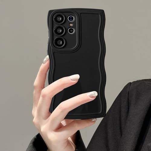 UEEBAI Wave Frame Case for Samsung Galaxy S24 Ultra 5G, Cute Wave Frame Slim Fit Shockproof Phone Bumper Cover Soft Pretty Curly Wavy Case Anti-Scratch TPU Case - Black