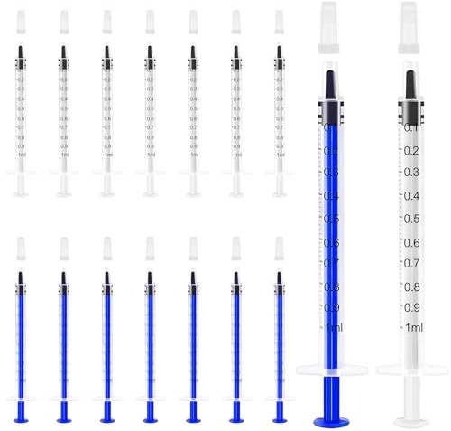 Mooshy 16 Stück 1ml Spritze - Kunststoff Kolostrum Spritze mit Kappe ohne Nadel Einzeln Verpackt Einwegspritzen für Fütterung von Kleintieren Nachfüllen und Messen von Flüssigkeiten (Blau+Weiß)
