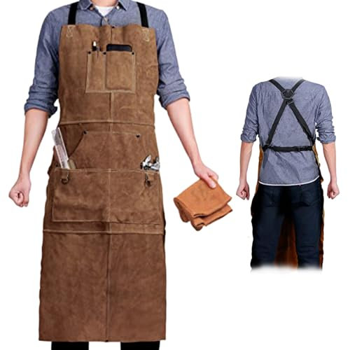 Hilai Aprons, Welding Apron 24x42'' Woodworking Apron Heat & Flame Resistant Leather Apron with Pocket Adjustable Carpenter Apron Quick Release for Welders Men