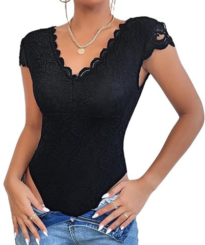 Haibang Body de Encaje para Mujer Cuello v Bodysuit Top Manga Corta Floral Encaje Body Espalda Descubierta Bodycon Bodies Transparente Elegante Una Pieza Jumpsuit Verano Camiseta para Club Fiesta Out