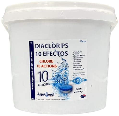 Chlore Multi 10 Actions Piscine - Traitement Tout-en-Un 10 Actions/Galets de Chlore stabilisé : Désinfectant, Algicide, Stabilisant, Clarifiant, Floculant… - Entretien Piscine (1KG/5KG) (5KG)