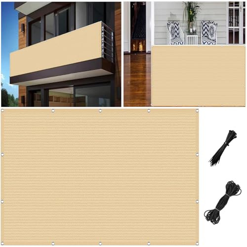 Balkonumspannungen 90 x 250 cm Ohne Bohren Wind-Und Uv-Schutz Balkonschutz Sichtschutzmatte mit Kordel für Balkon Terrasse, Sandgelb