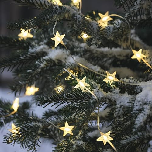 Lights4fun Christmas Outdoor 50 Warm White Micro LEDs Acrylic Stars String Fairy Lights Battery Operated with Timer 7.35m