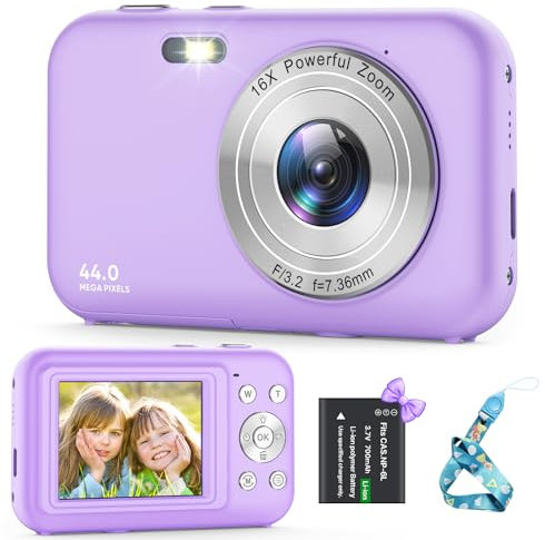 Digitalkamera, Kamera Fotokamera 44MP 1080P HD, Kinderkamera mit 16X Digitalzoom Kompaktkamera, Wiederaufladbare Fotoapparat mit 1 Akku, Kamera für Kinder, Teenager, Anfänger(Lila)