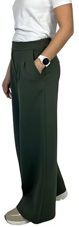 Ballandoro Pantaloni Eleganti Donna Palazzo Vita Alta Larghi - per Completo Cerimonia Elasticizzati Curvy, Pantalone Tailleur Made in Italy Autunno (IT, Testo, S-M, Regular, Regular, Verde Militare)