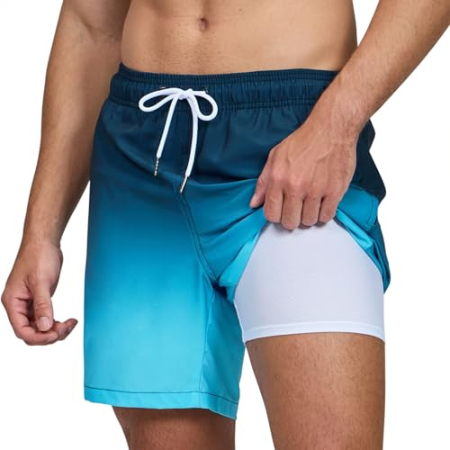 Aisprts Badshorts för män, badbyxor med kompressionsfoder, 2-i-1, snabbtorkande, stretchiga badshorts för män, med 2 fickor och dragkedja