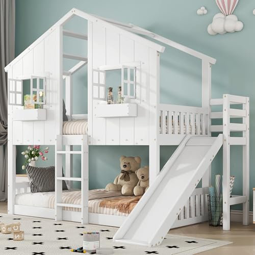 Kinderbett Etagenbett 90x200, Hochbett für 2 Kinder, Hausbett mit Rutsche&Leiter&2 Fenstern&Dach&2 Aufbewahrungsbox, Doppelbett Holzbett mit Lattenrost&Rausfallschutz, Kiefer, Ohne Matratze, Weiß