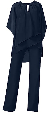 Dambyxdräkter, elegant bröllop gästbyxor kostym 2 delar chiffong formell outfit bal kväll tvådelad byxdräkt plusstorlek brudens mor kläder cocktailparty festlig, Marinblått Xsp, XL