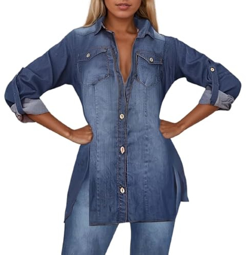 Dasongff Chemise Jean Femme Manches Longues Pas Cher Chemisier Coton Et Lin pour Femmes Col V Boutonné Top Manches Enroulables Hauts Décontractés Couleur Unie Tuniques Blouse Lâche Respirant T-Shirts