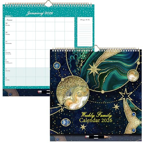 ZXHQ 2026 Family Calendar for UK – Jan–Dec 2026, 30.5 x 32cm, 52 Weeks, One Week Per Page, 6-Column Layout, Wall Calendar & Family Planner 2026, UK Holidays, Back Pocket, Planet