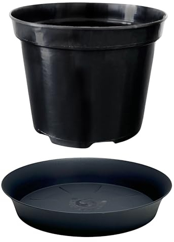 Heavy Duty Round Plant Pot & Saucer Set – 7 Sizes from 3L to 25L – Indoor Outdoor Use – Durable Plastic for Flowers, Vegetables, Herbs - Includes Matching Saucer – Black (1, Round 20L + 35cm)