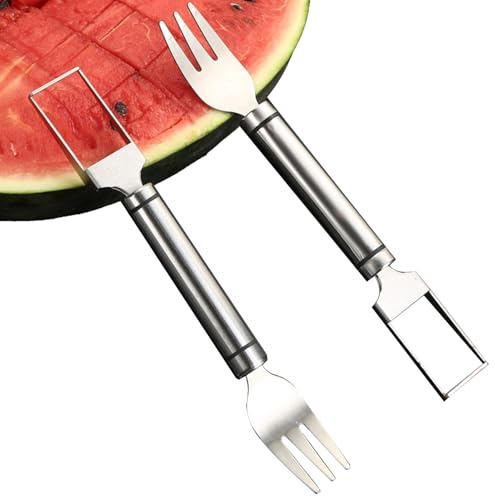 WUBAYI Cortador de frutas de acero inoxidable 2 en 1, cortador y cortador de melón de doble cabeza, cortador de cubos de sandía con tenedor, herramienta de corte de frutas de verano (paquete de 2)