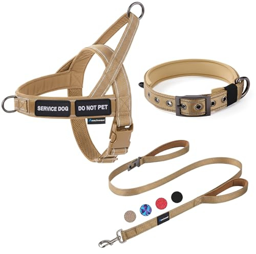 Annchwool No Pull Dog Harness,Heavy Duty Reflective Collar & Leash Set-Leash with Double Handle & Car Seatbelt Clip-Easy Control for Walking Training Medium Large Size Dogs(Brown,L)