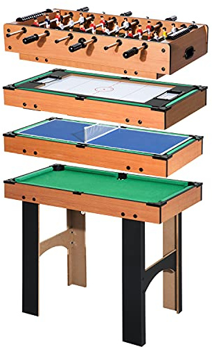 HOMCOM Mesa Multijuegos 4 en 1 para Niños +6 Años Mesa de Juego con Futbolines, Mesita de Billar y Ping-Pong 92x78x80 cm Natural y Negro