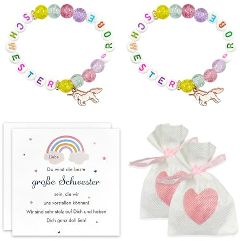 2 uppsättningar syster barnarmband, akryl kärleksbrev armband, söta elastiska armband, tecknade enhörningspärlarmband, underbara barngåvor.