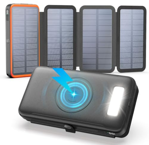 A ADDTOP Batería Externa Solar 20000 mAh, Carga Rápida de 22,5 W, Carga Inalámbrica, 2 Salidas USB-A, 1 Entrada/Salida USB-C, 4 Paneles solares Plegables para móviles, tabletas y acampadas